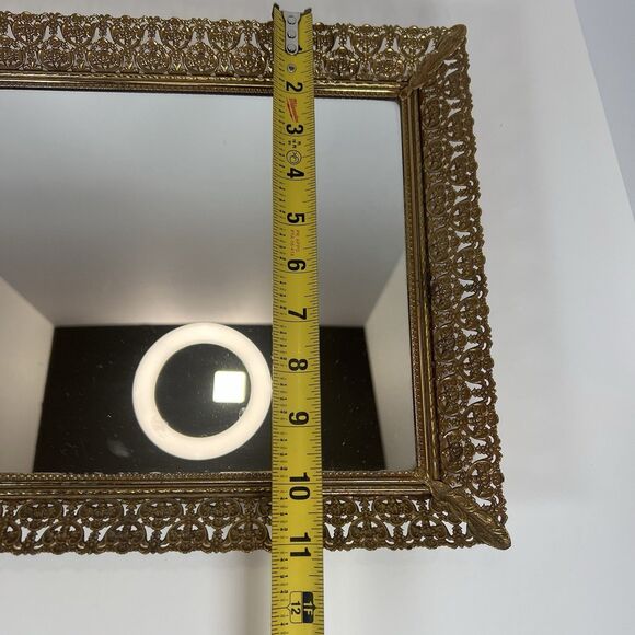Mirrored Vanity Tray For Trinkets, Jewelry & Makeup With Brass Filigree VTG 16" - Picture 9 of 12